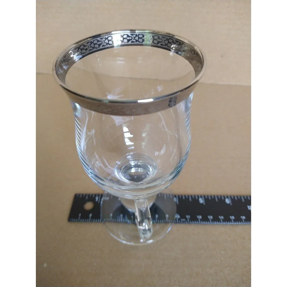 Set of 2 Clear Irish Coffee Glasses with Silver Rim and Footed Handle